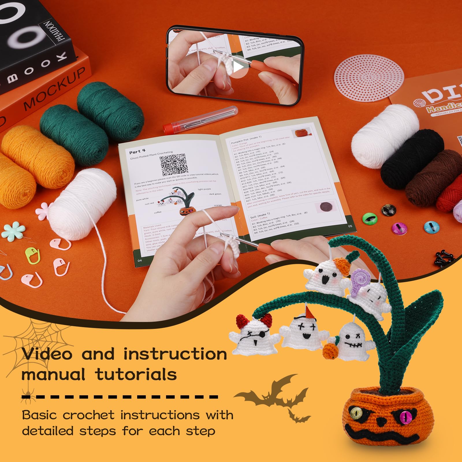 Kit de crochet d'Halloween pour débutants, série de plantes en pot fantômes 