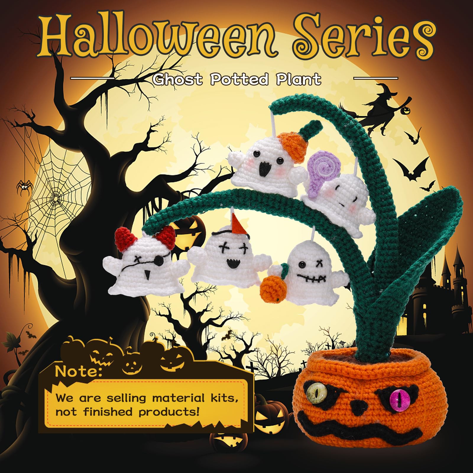 Kit de crochet d'Halloween pour débutants, série de plantes en pot fantômes 