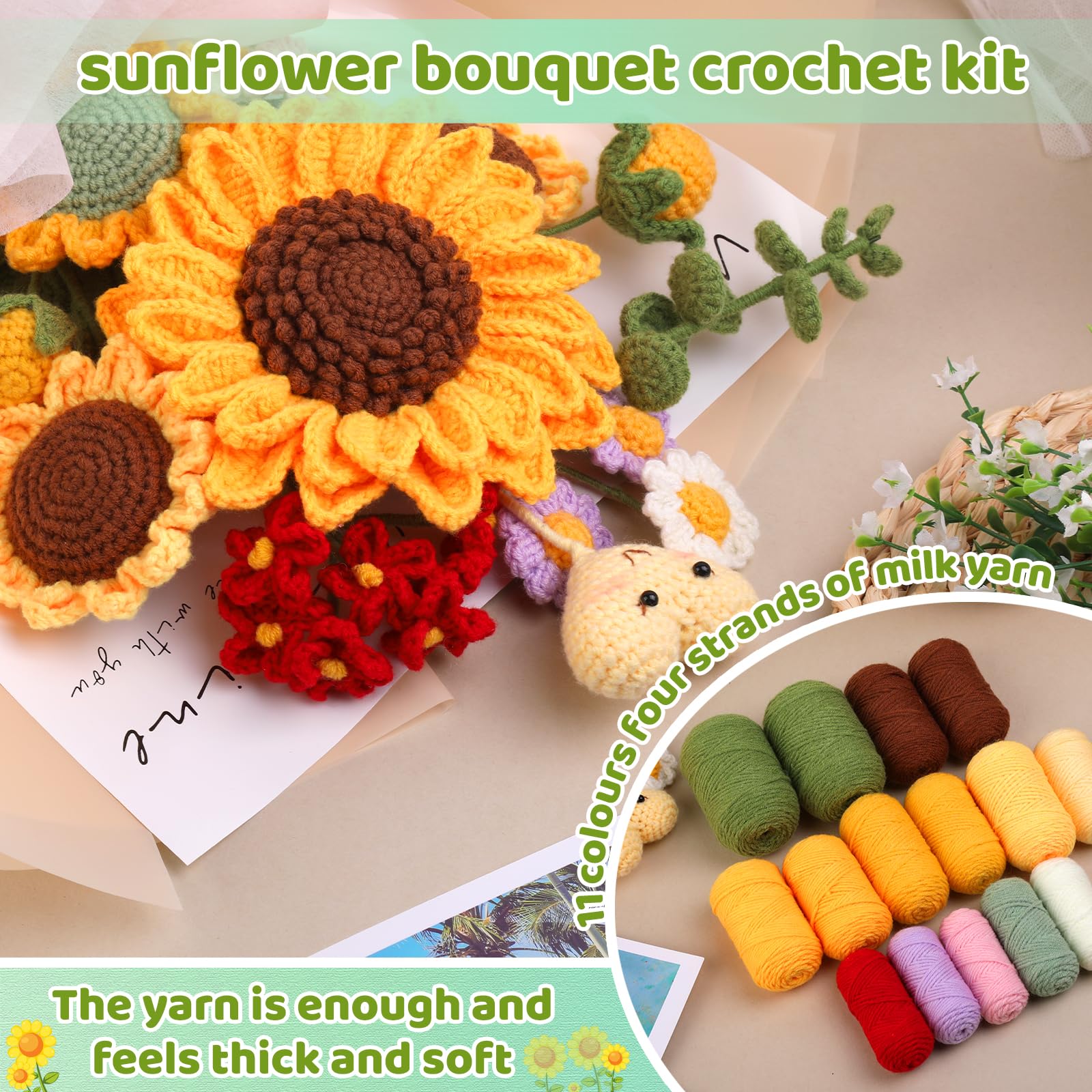 Kits de crochet pour débutants : bouquets de tournesols. Kit de tricot idéal pour la Saint-Valentin. 