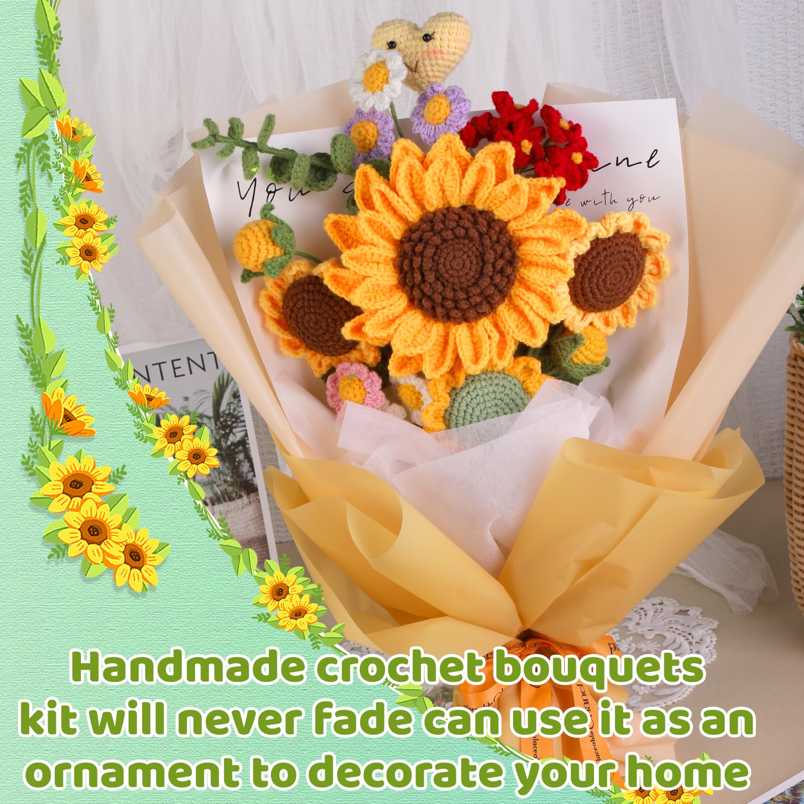 Kits de crochet pour débutants : bouquets de tournesols. Kit de tricot idéal pour la Saint-Valentin. 