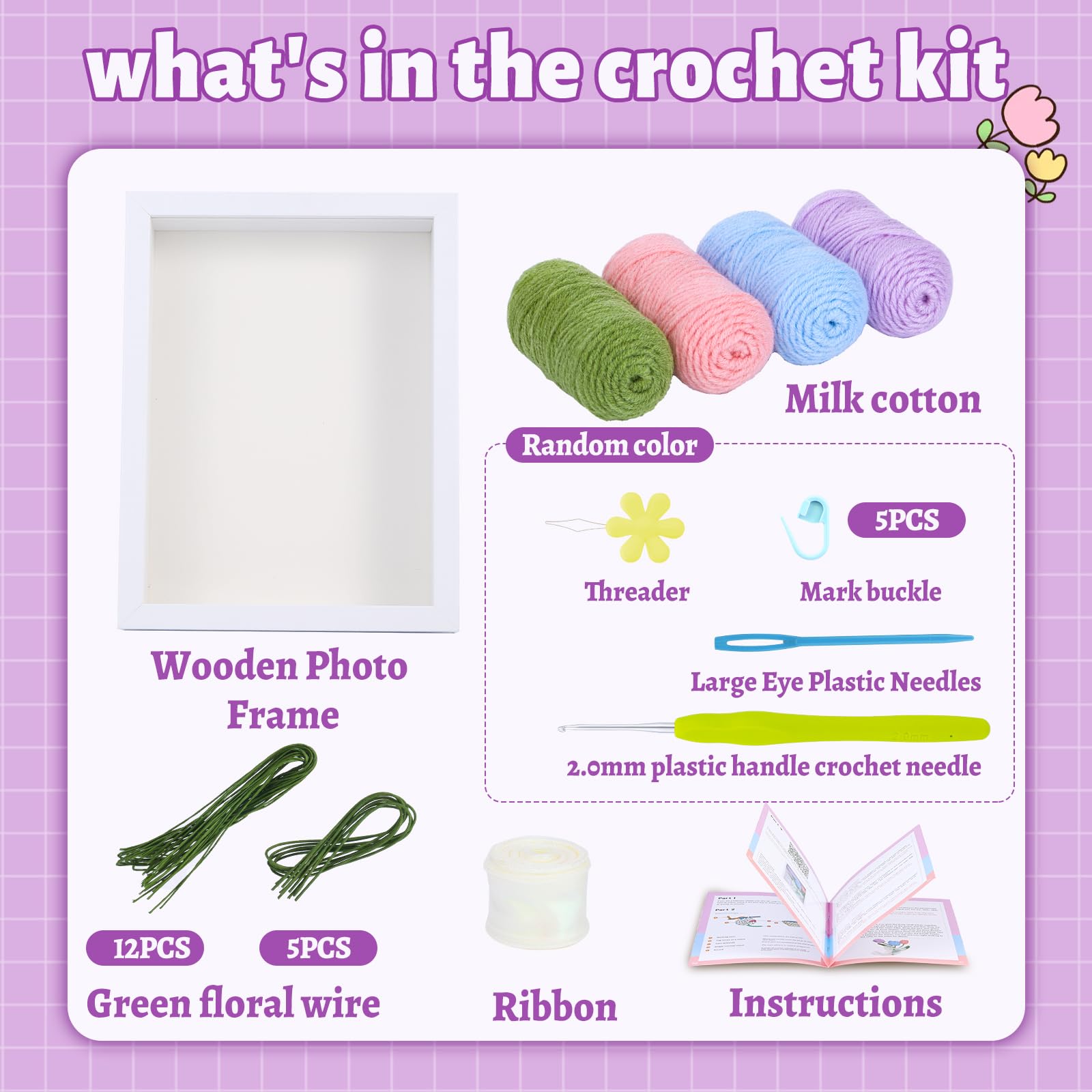 Ensemble de cadre photo tulipes et bouquet, kit de crochet pour débutants 