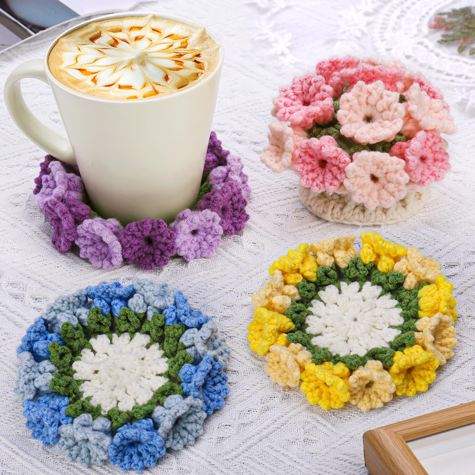 Kit de crochet pour débutants : 4 dessous de verre pour pots de fleurs
