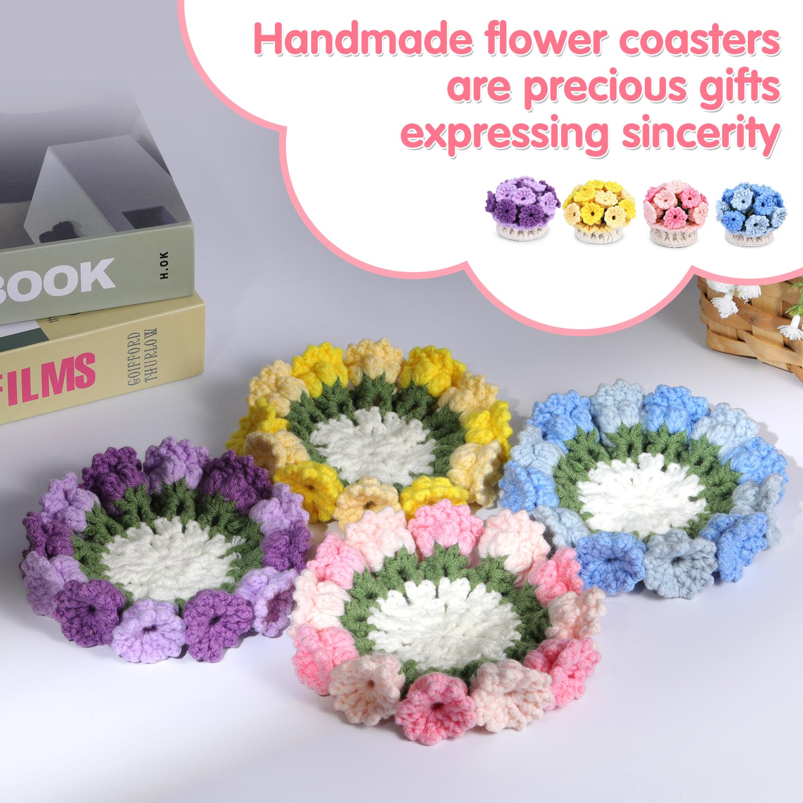 Kit de crochet pour débutants : 4 dessous de verre pour pots de fleurs
