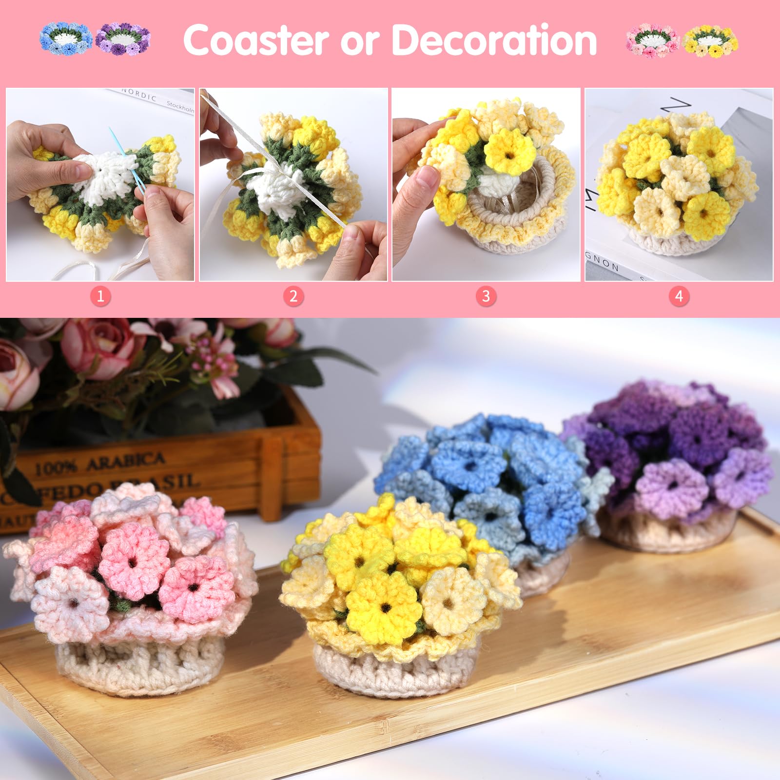 Kit de crochet pour débutants : 4 dessous de verre pour pots de fleurs